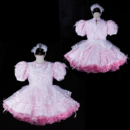 fondcosplay Lockable Pink Satin Organza Sissy Maid Dress Apron Crossdressing Cosplay Costume [G2312]