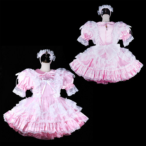 fondcosplay Lockable Pink Satin Organza Lace Sissy Maid Dress Crossdressing Cosplay Costume [G2314]
