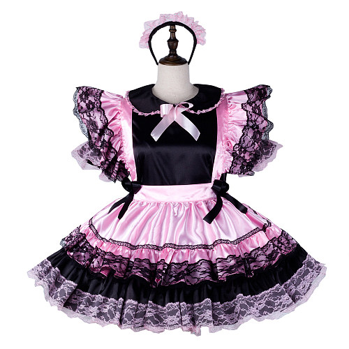 Fondcosplay Handmade Lockable Sissy Maid Satin Dress Black and Pink with Lace Crossdressing Costume [G2335]