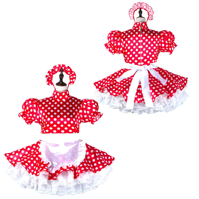 fondcosplay Lockable Red White Polka Dot Satin Sissy Maid Dress Crossdressing Cosplay Costume [G2281]