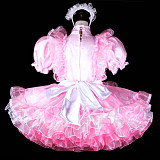 fondcosplay Lockable Pink White Satin Organza Sissy Maid Dress Crossdressing Cosplay Costume [G2309]