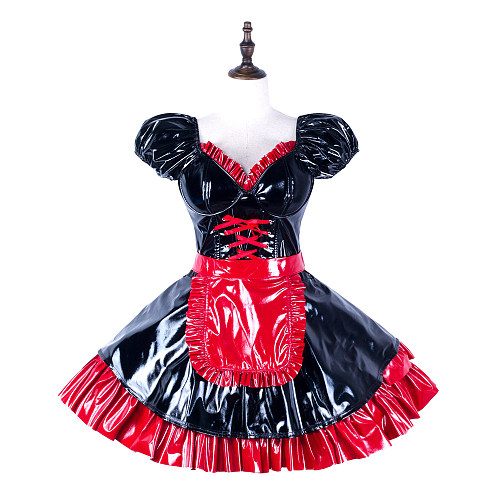 fondcosplay Lockable Black Red Thin PVC Sissy Maid Dress Crossdressing Cosplay Costume [G2287]