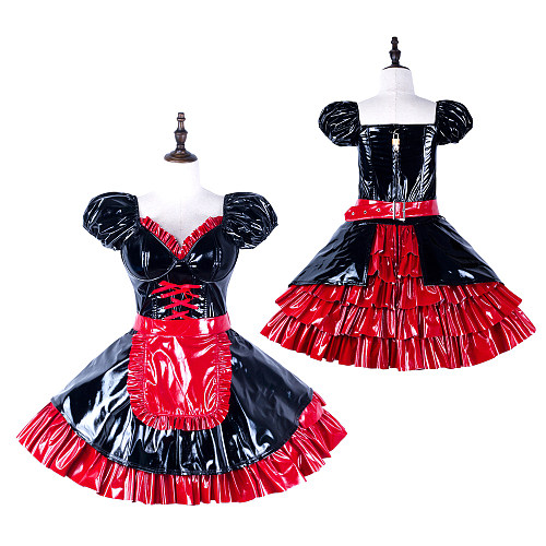 fondcosplay Lockable Black Red Thin PVC Sissy Maid Dress Crossdressing Cosplay Costume [G2287]