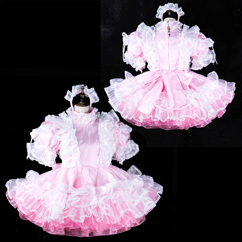 fondcosplay Lockable Pink Satin Organza Frilly Sissy Maid Dress Crossdressing Cosplay Costume [G2313]