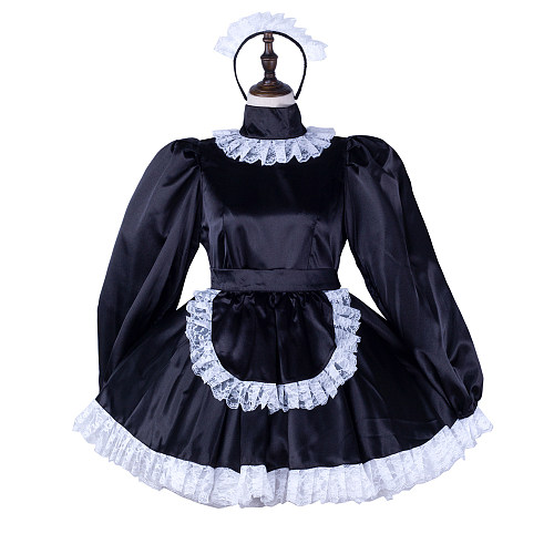 Fondcosplay Handmade Lockable Sissy Maid Satin Dress Black and White Crossdressing Costume [G2336]