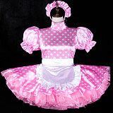 fondcosplay Lockable Pink Polka Dot Satin Sissy Maid Dress White Apron Crossdressing Cosplay Costume [G2319]
