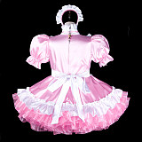 fondcosplay Lockable Pink Satin Sissy Maid Dress White Apron Crossdressing Cosplay Costume [G2315]