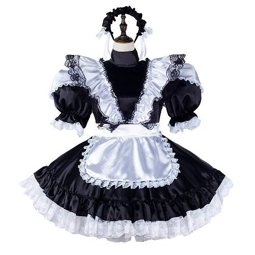 Fondcosplay Handmade Lockable Sissy Maid Satin Dress Black and White Crossdressing Costume [G2334]