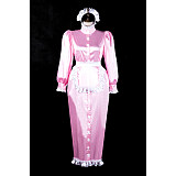 Fondcosplay Handmade Lockable Satin Pink Long Sissy Maid Dress with Front Buttons [G2367]