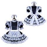 Fondcosplay Handmade Lockable Sissy Maid Satin Dress Black with Polka Dot and White Lace Crossdressing Costume [G2349]