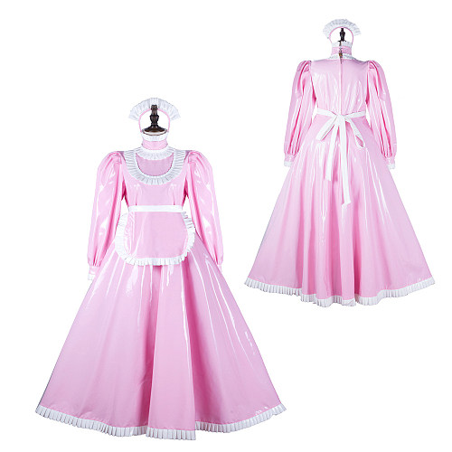 Fondcosplay Handmade Lockable Sissy Maid Heavy PVC Long Dress Pink and White Crossdressing Costume [G2359]