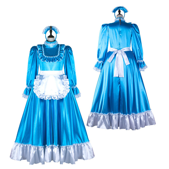 Fondcosplay Handmade Lockable Sissy Maid Satin Long Dress with Bonnet and Apron Blue White [G2365]