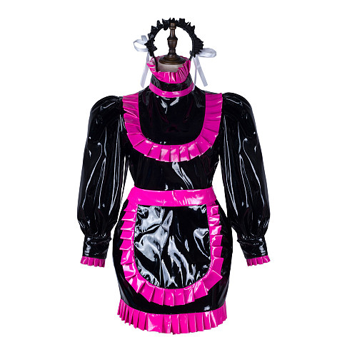 Fondcosplay Handmade Lockable Sissy Maid Heavy PVC Dress Black and Hot Pink Crossdressing Costume [G2353]