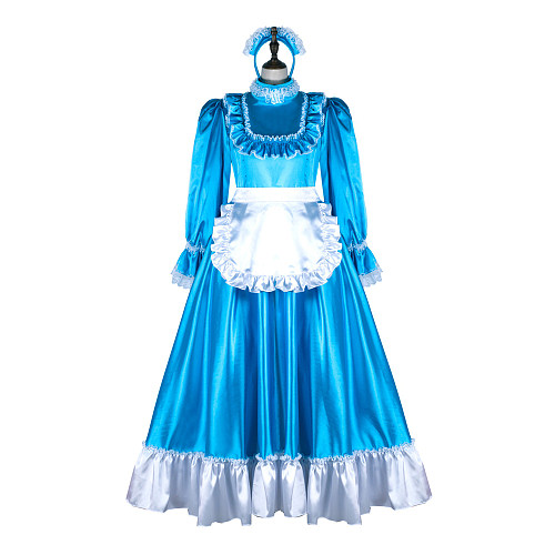 Fondcosplay Handmade Lockable Sissy Maid Satin Long Dress with Bonnet and Apron Blue White [G2365]