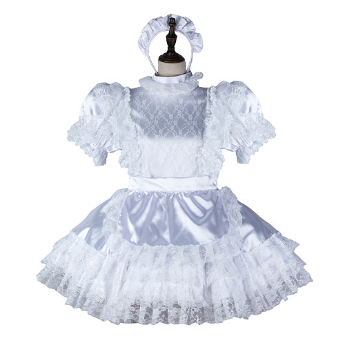 Fondcosplay Handmade Lockable Sissy Maid Satin Dress Pure White Lace Crossdressing Costume [G2358]