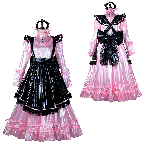 Fondcosplay Handmade Lockable Sissy Maid Clear PVC Dress Pink and Black Long Crossdressing Costume [G2352]