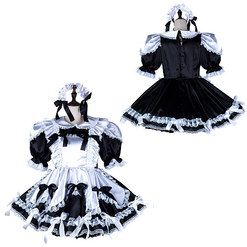 Fondcosplay Handmade Lockable Sissy Maid Satin Dress Black and White with Bows Crossdressing Costume [G2350]