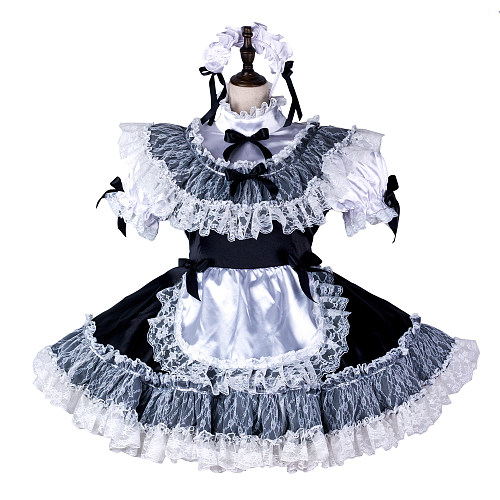 Fondcosplay Handmade Lockable Satin Black & White Ruffled Lace Sissy Maid Dress [G2370]