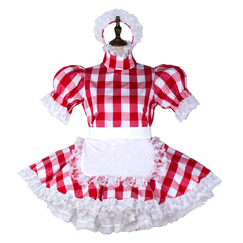 Fondcosplay Handmade Lockable Sissy Maid Cotton Dress Red and White Checkered Crossdressing Costume [G2354]