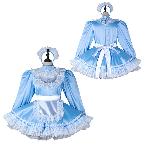 Fondcosplay Handmade Lockable Sissy Maid Satin Dress Light Blue and White Lace Crossdressing Costume [G2357]