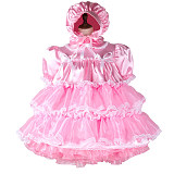 Fondcosplay Handmade Lockable Sissy Maid Satin & Organza Pink Frilly Dress with Bonnet [G2363]