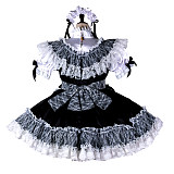 Fondcosplay Handmade Lockable Satin Black & White Ruffled Lace Sissy Maid Dress [G2370]