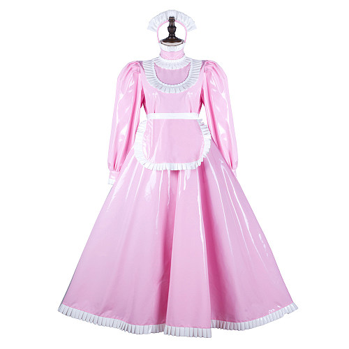 Fondcosplay Handmade Lockable Sissy Maid Heavy PVC Long Dress Pink and White Crossdressing Costume [G2359]