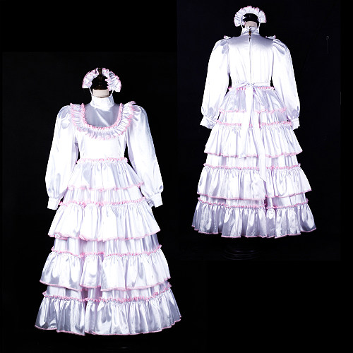 Fondcosplay Handmade Lockable Satin White Sissy Maid Long Gown with Pink Ruffle Trim [G2369]