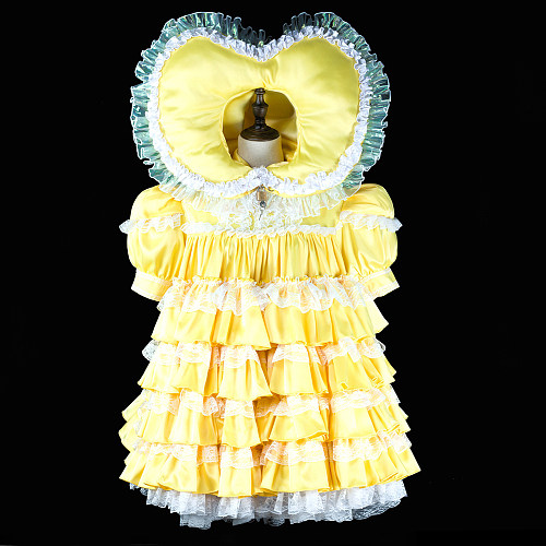 Fondcosplay Lockable Satin Ruffled Sissy Maid Dress with Heart-Shaped Hood Crossdressing Outfit [G2392]