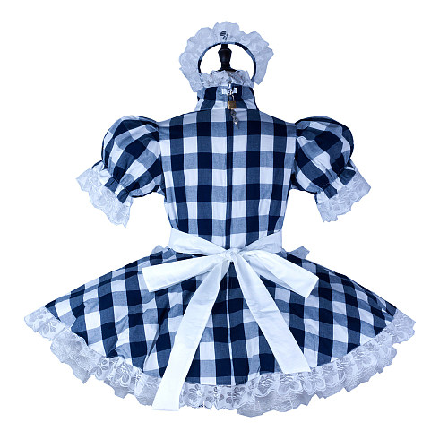 Fondcosplay Handmade Lockable Sissy Maid Cotton Dress Blue and White Checkered Crossdressing Costume [G2355]