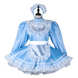 Fondcosplay Handmade Lockable Sissy Maid Satin Dress Light Blue and White Lace Crossdressing Costume [G2357]