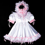 Fondcosplay Lockable Sissy Maid Crossdressing White Satin Dress with Pink Ruffles [G2393]