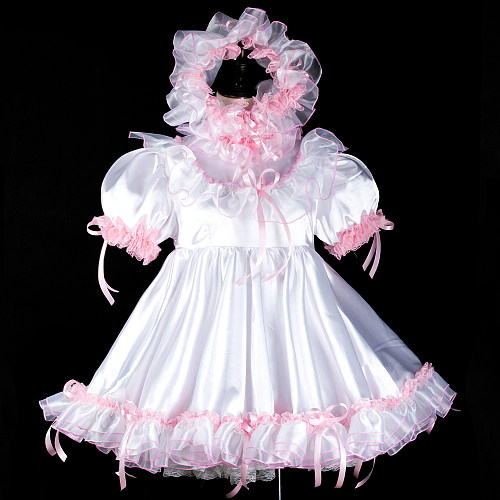Fondcosplay Lockable Sissy Maid Crossdressing White Satin Dress with Pink Ruffles [G2393]