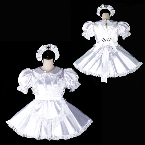 Fondcosplay Lockable White Satin Sissy Maid Crossdressing Dress with Apron [G2395]