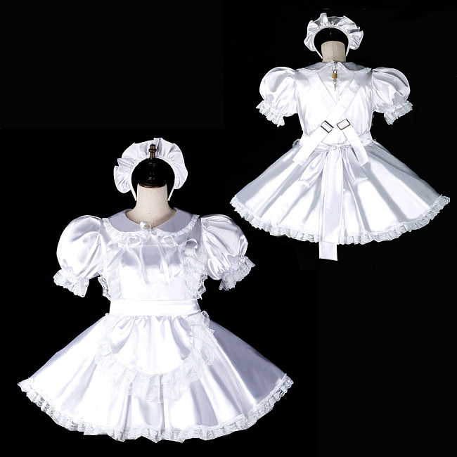 Fondcosplay Lockable White Satin Sissy Maid Crossdressing Dress with Apron [G2395]