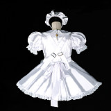 Fondcosplay Lockable White Satin Sissy Maid Crossdressing Dress with Apron [G2395]