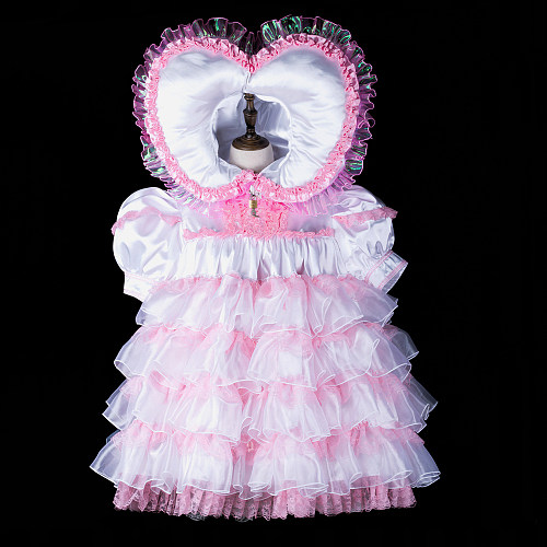 Fondcosplay Handmade Lockable Satin & Organza Heart Hood Ruffled Sissy Dress [G2391]
