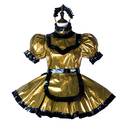 Fondcosplay Handmade Lockable Sissy Maid Thin PVC Dress Gold and Black Crossdressing Costume [G2356]