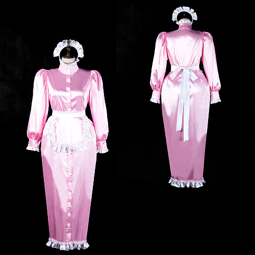 Fondcosplay Handmade Lockable Satin Pink Long Sissy Maid Dress with Front Buttons [G2367]