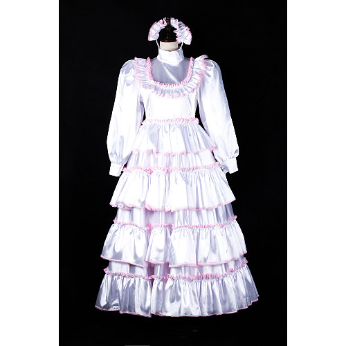 Fondcosplay Handmade Lockable Satin White Sissy Maid Long Gown with Pink Ruffle Trim [G2369]