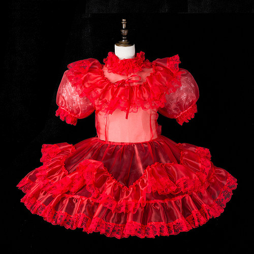 Fondcosplay Handmade Lockable Sissy Maid Organza Dress Red Ruffle Crossdressing Costume [G2362]