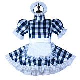 Fondcosplay Handmade Lockable Sissy Maid Cotton Dress Blue and White Checkered Crossdressing Costume [G2355]