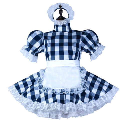 Fondcosplay Handmade Lockable Sissy Maid Cotton Dress Blue and White Checkered Crossdressing Costume [G2355]