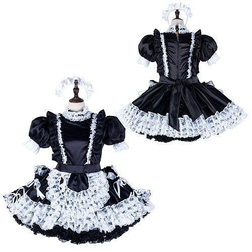 Fondcosplay Handmade Lockable Sissy Maid Satin Dress Black and White Lace Crossdressing Costume [G2351]