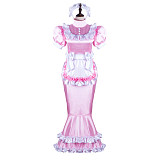 Fondcosplay Handmade Lockable Sissy Maid Satin Long Mermaid Dress Pink and White Crossdressing Costume [G2361]