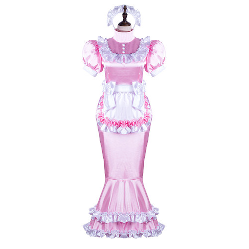 Fondcosplay Handmade Lockable Sissy Maid Satin Long Mermaid Dress Pink and White Crossdressing Costume [G2361]