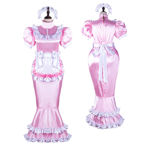 Fondcosplay Handmade Lockable Sissy Maid Satin Long Mermaid Dress Pink and White Crossdressing Costume [G2361]