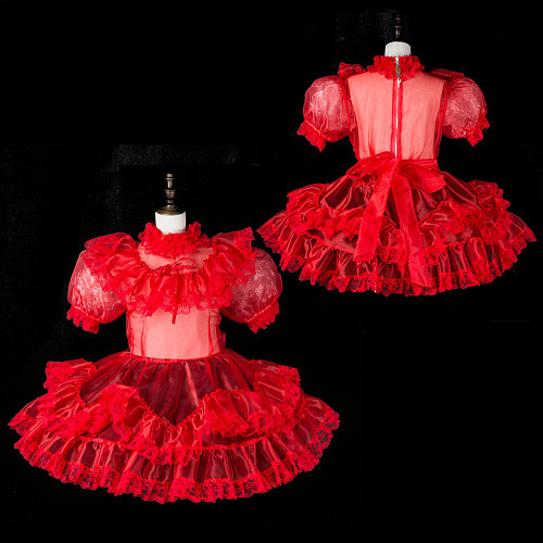 Fondcosplay Handmade Lockable Sissy Maid Organza Dress Red Ruffle Crossdressing Costume [G2362]