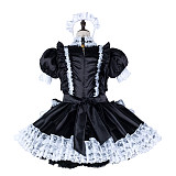 Fondcosplay Handmade Lockable Sissy Maid Satin Dress Black and White Lace Crossdressing Costume [G2351]