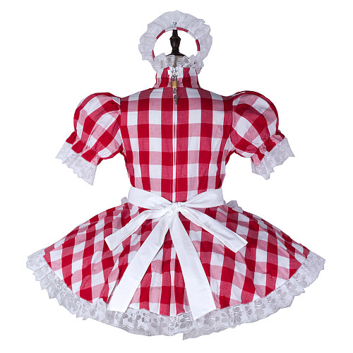 Fondcosplay Handmade Lockable Sissy Maid Cotton Dress Red and White Checkered Crossdressing Costume [G2354]